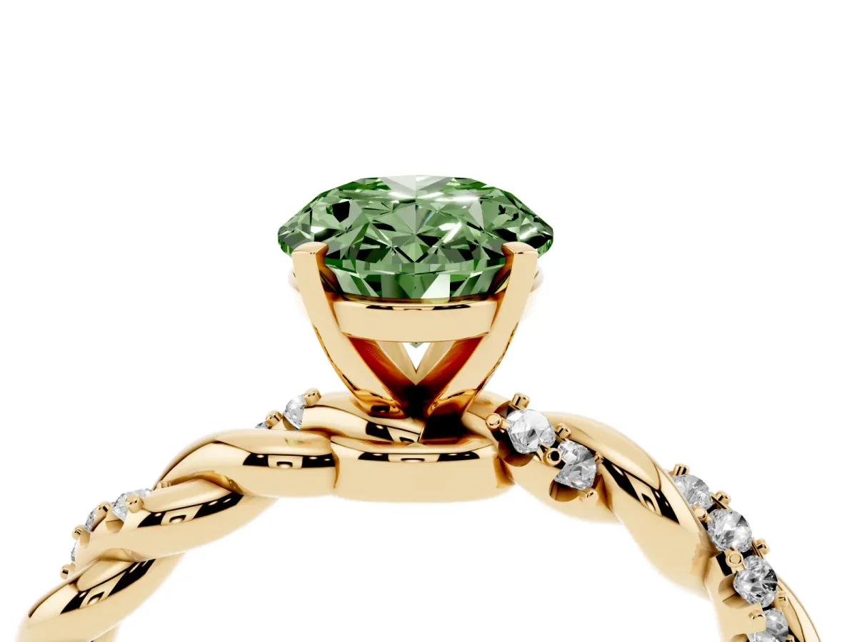 Fancy Green Oval Cut Diamond Solitaire Ring with Twisted Band and Pavé Accents Yellow gold