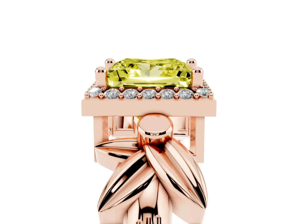 Fancy Yellow Princess Cut Halo Diamond Floral Band with Four-Prong Setting Rose gold
