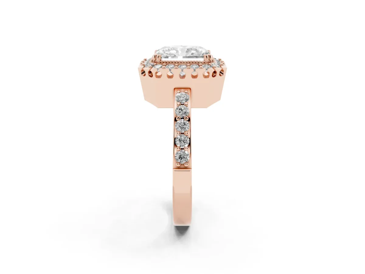 Radiant Cut Diamond Halo Ring with Pavé Band and Prong Setting Rose gold