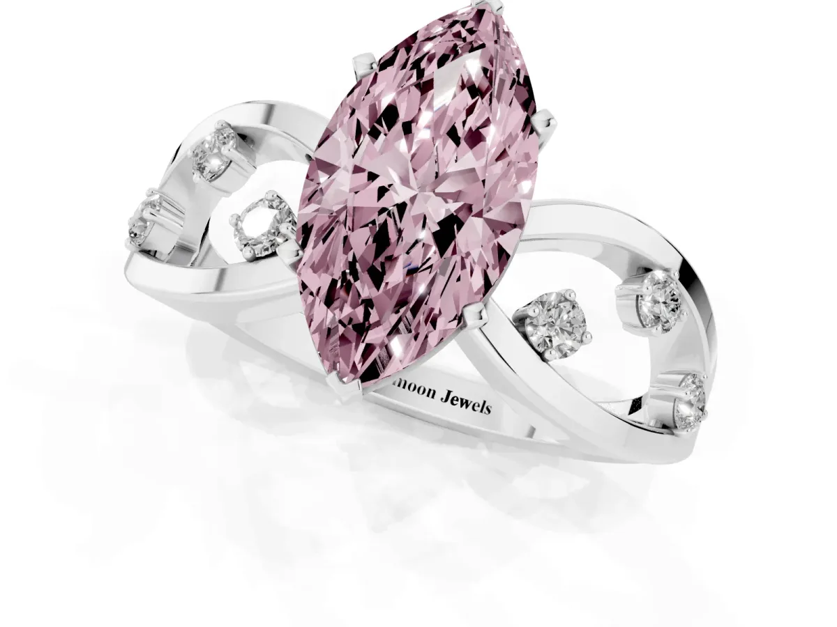 Fancy Pink Marquise Cut Cut Solitaire Diamond with Side Stones on Criss-Cross Band and Four-Prong Setting Platinum