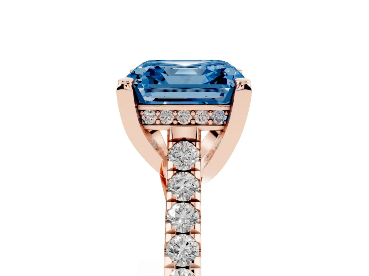 Fancy Blue Asscher Cut Brilliant Diamond Solitaire with Pavé Band and Four-Prong Setting Rose gold