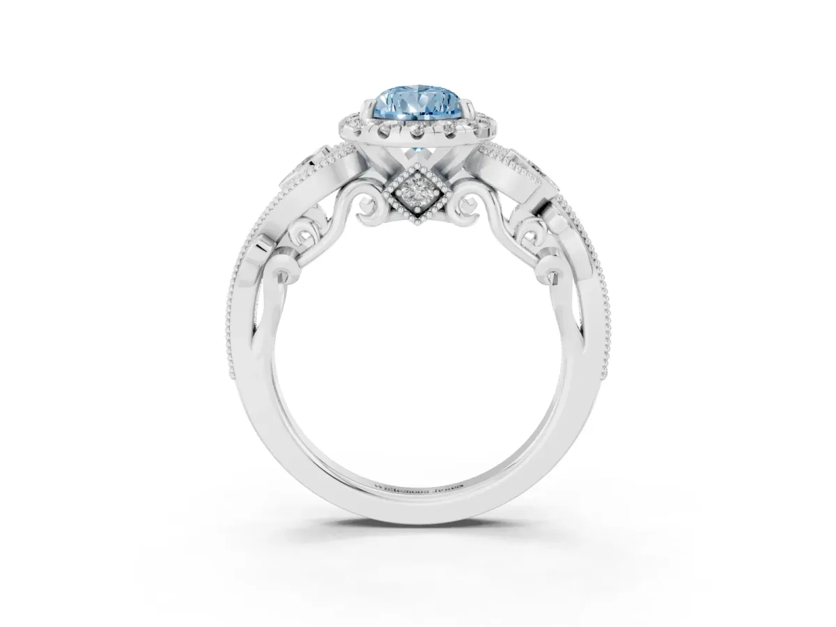 Fancy Blue Pear Cut Diamond Halo Ring with Milgrain Pavé Band and Four-Prong Setting Silver