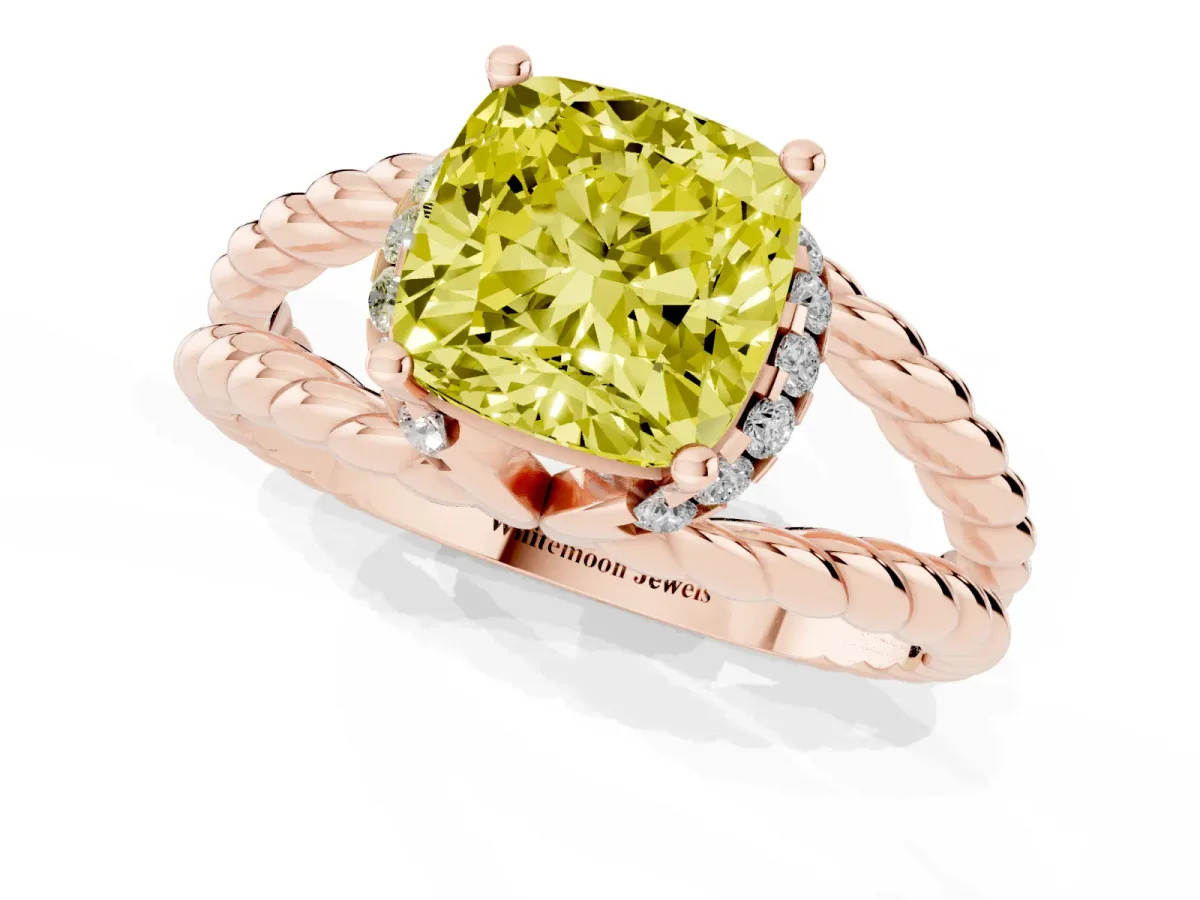 Fancy Yellow Cushion Cut Halo Twisted Band Four-Prong Ring Rose gold
