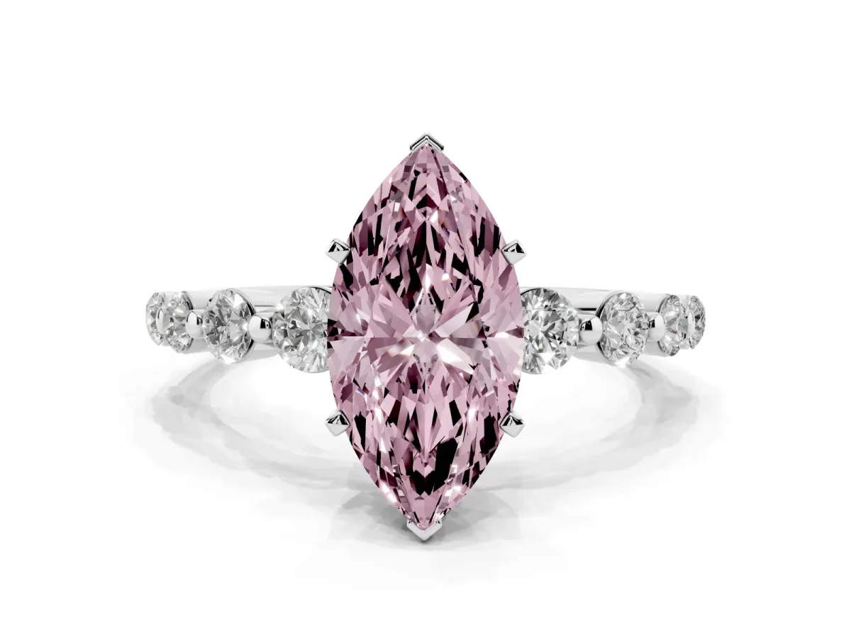 Fancy Pink Marquise Cut Solitaire Diamond Ring with Pave Band and Four-Prong Setting Silver
