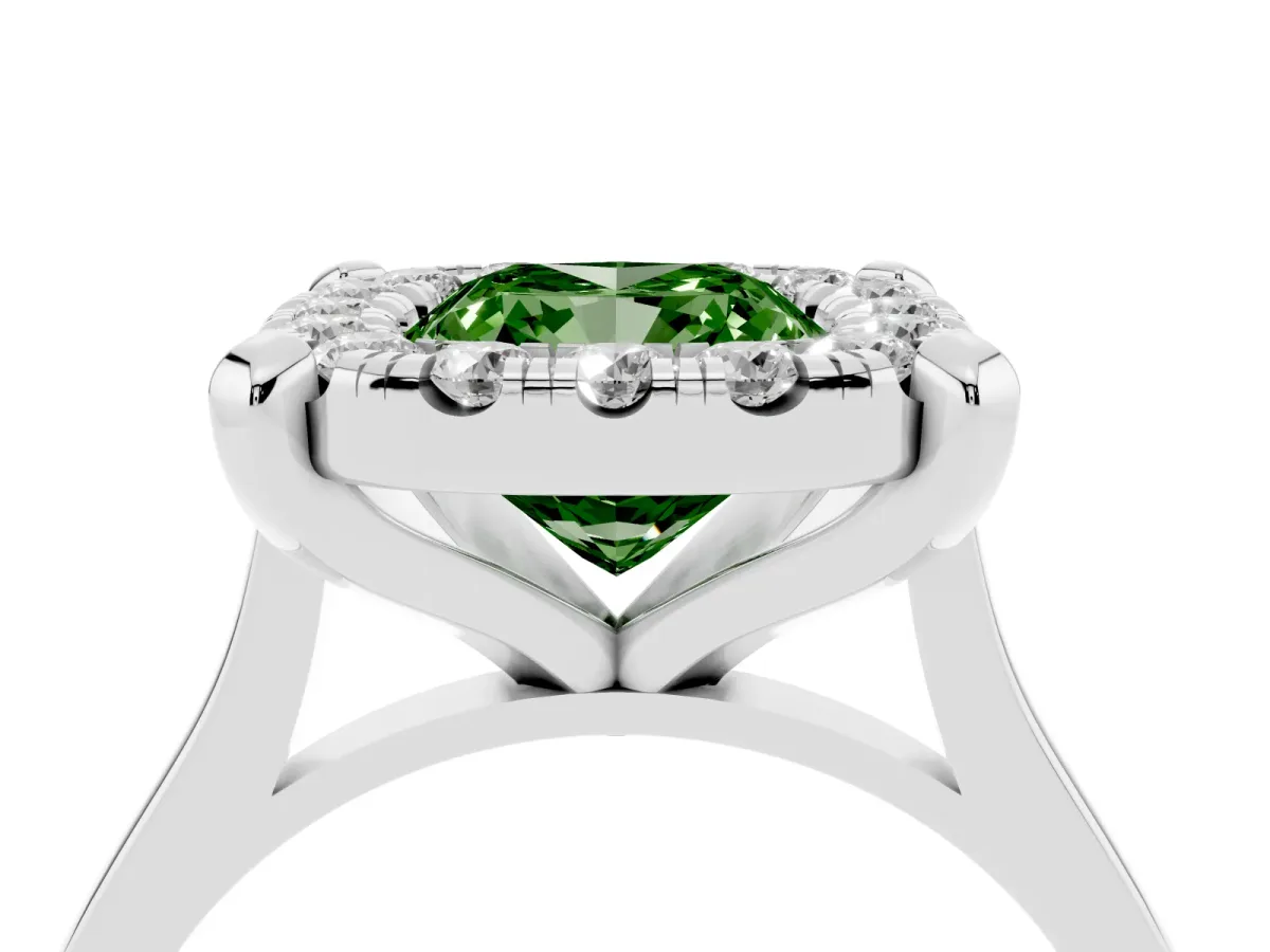 Fancy Green Cushion Cut Diamond Cluster Halo Solitaire with Four-Prong Setting Silver