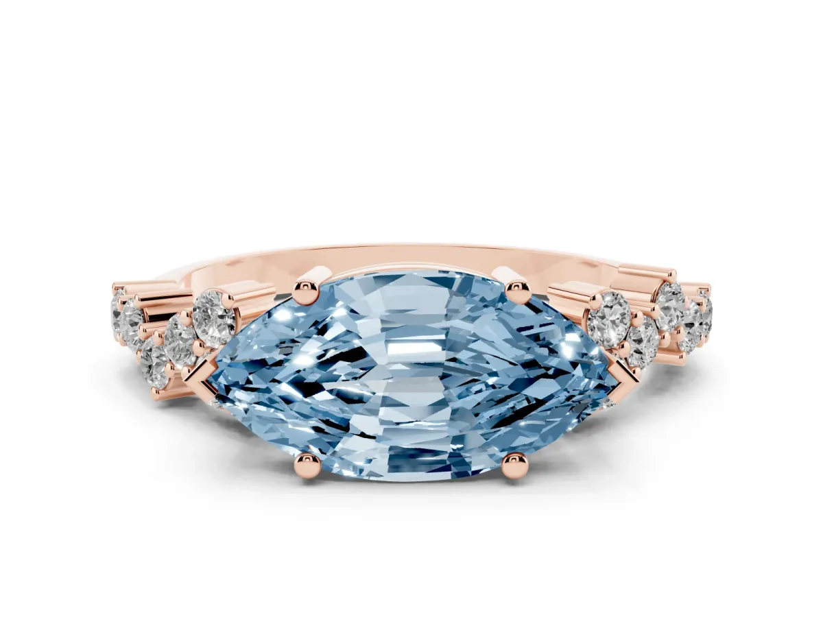 Fancy Blue Marquise Cut Diamond Scattered Round Accent Ring with Prong Setting Rose gold