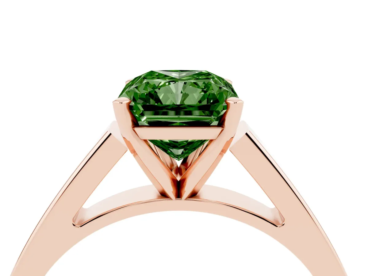 Fancy Green Radiant Cut Solitaire Engagement Ring with Four-Prong Setting and Tapered Band Rose gold