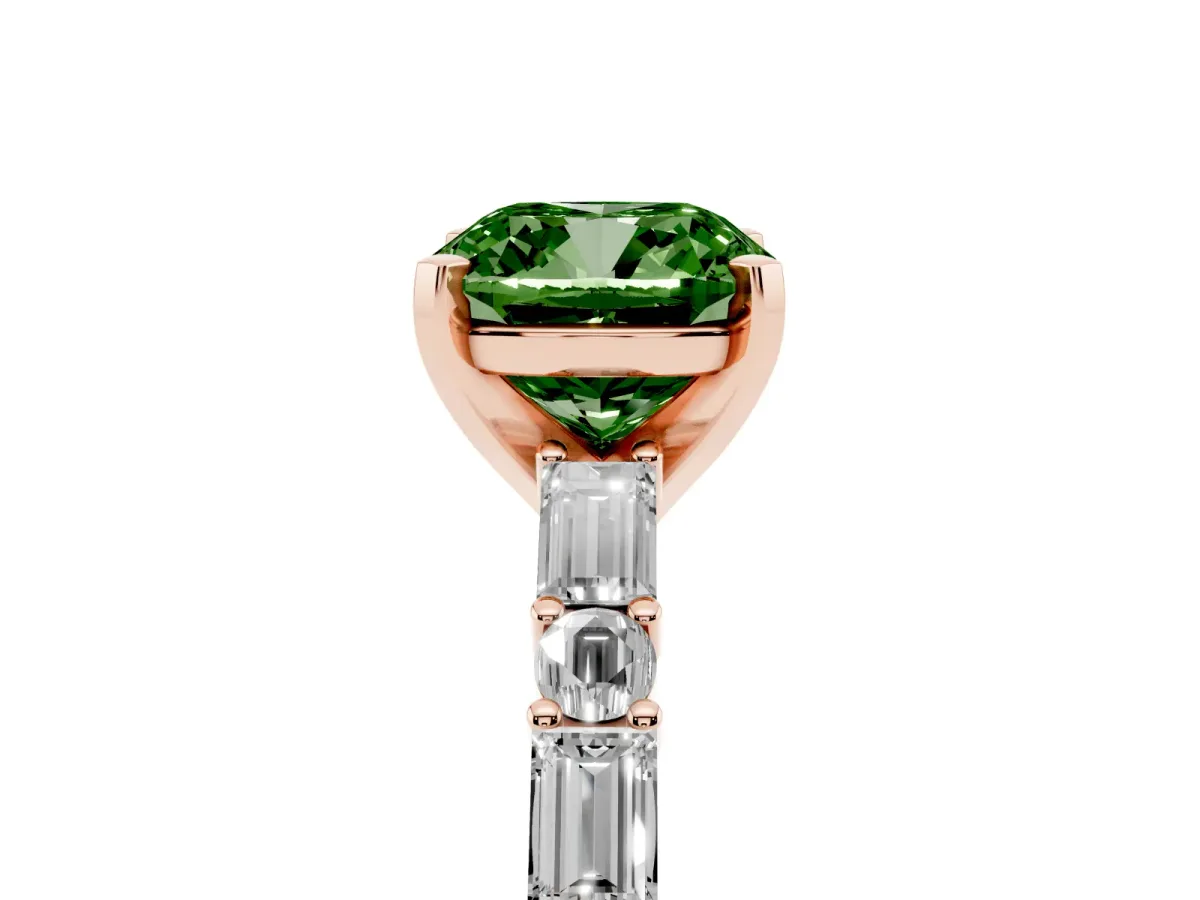 Fancy Green Cushion Cut Diamond Solitaire with Side Baguettes and Channel Set Band Rose gold