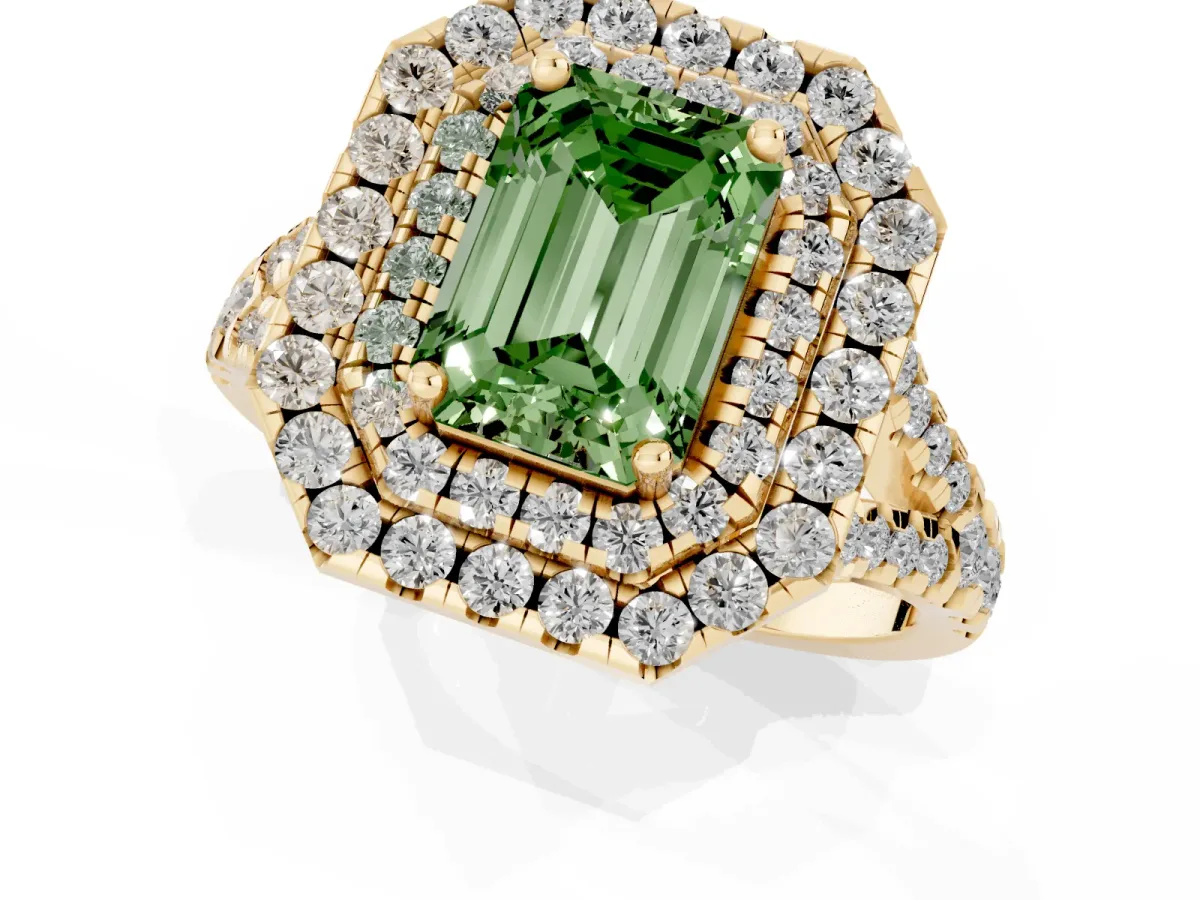 Fancy Green Double Halo Emerald Cut Diamond Pavé Split Shank Ring with Prong Setting Yellow gold