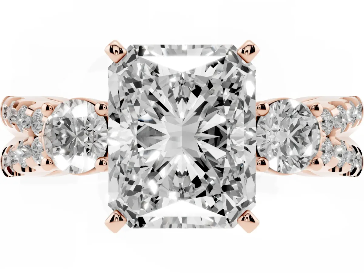 Radiant Cut Diamond Three-Stone Ring with Pavé Split Shank and Four-Prong Setting Rose gold