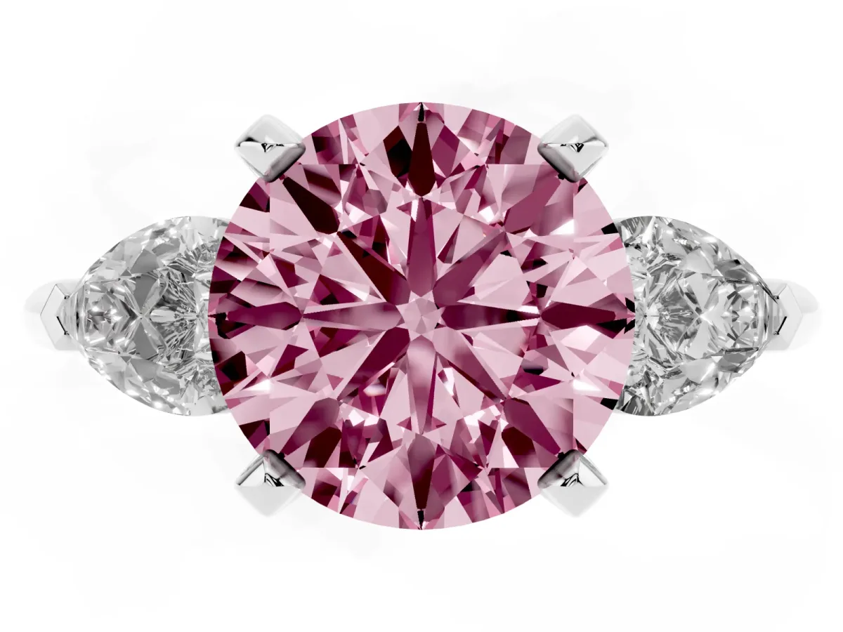 Fancy Pink Three-Stone Round Cut Diamond Ring with Pear Side Stones and Four-Prong Setting Platinum