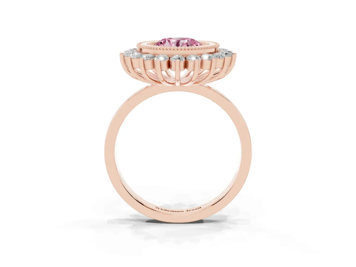 Fancy Pink Round Cut Halo Diamond Ring with Milgrain Edge and Round Prong Setting Rose gold