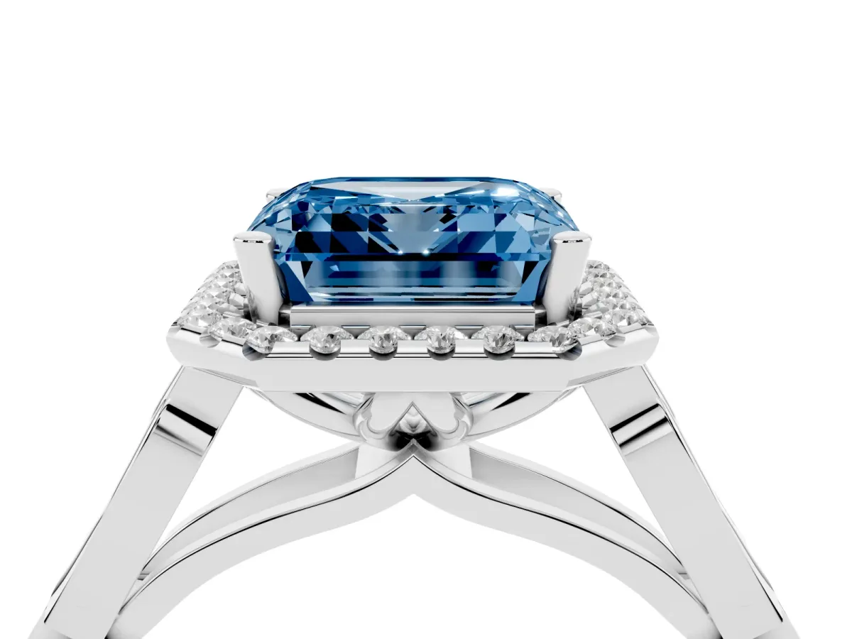 Fancy Blue Asscher Cut Halo Diamond Engagement Ring with Filigree Band and Four-Prong Setting Silver