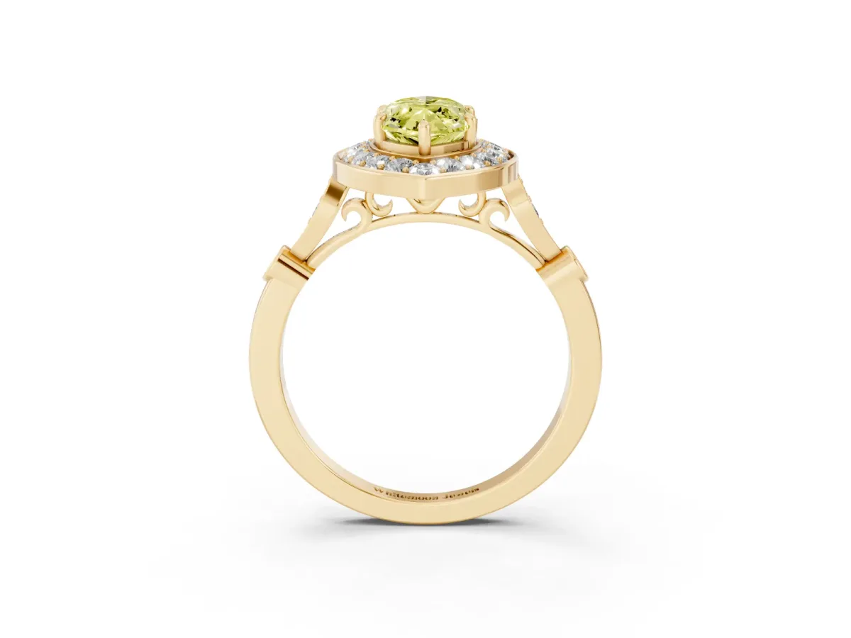 Fancy Yellow Marquise Cut Halo Diamond Engagement Ring with Twisted Band and Four-Prong Setting Yellow gold
