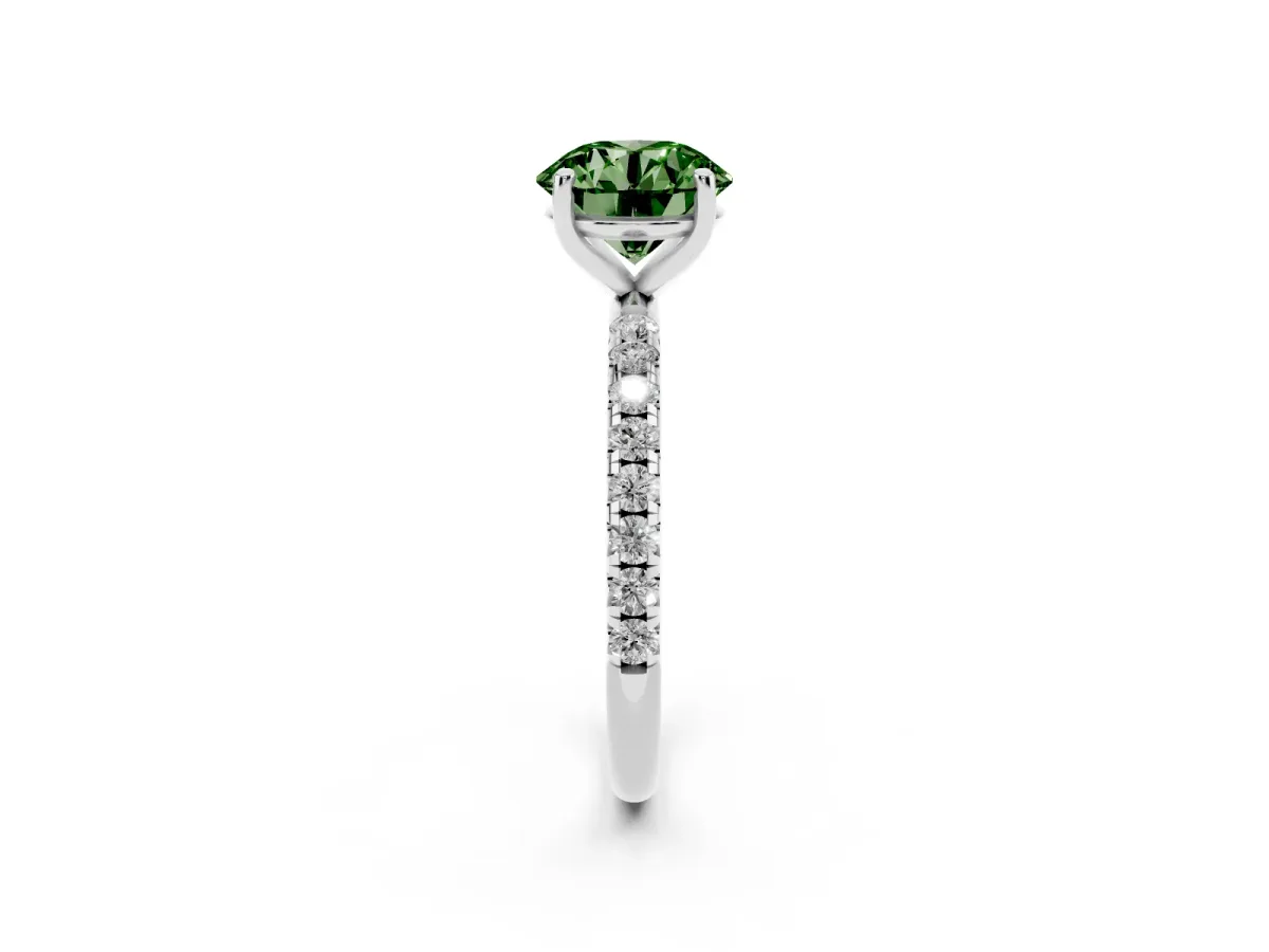 Fancy Green Round Cut Cut Diamond Solitaire Ring with Micro Pave Band and Four Prong Setting Silver