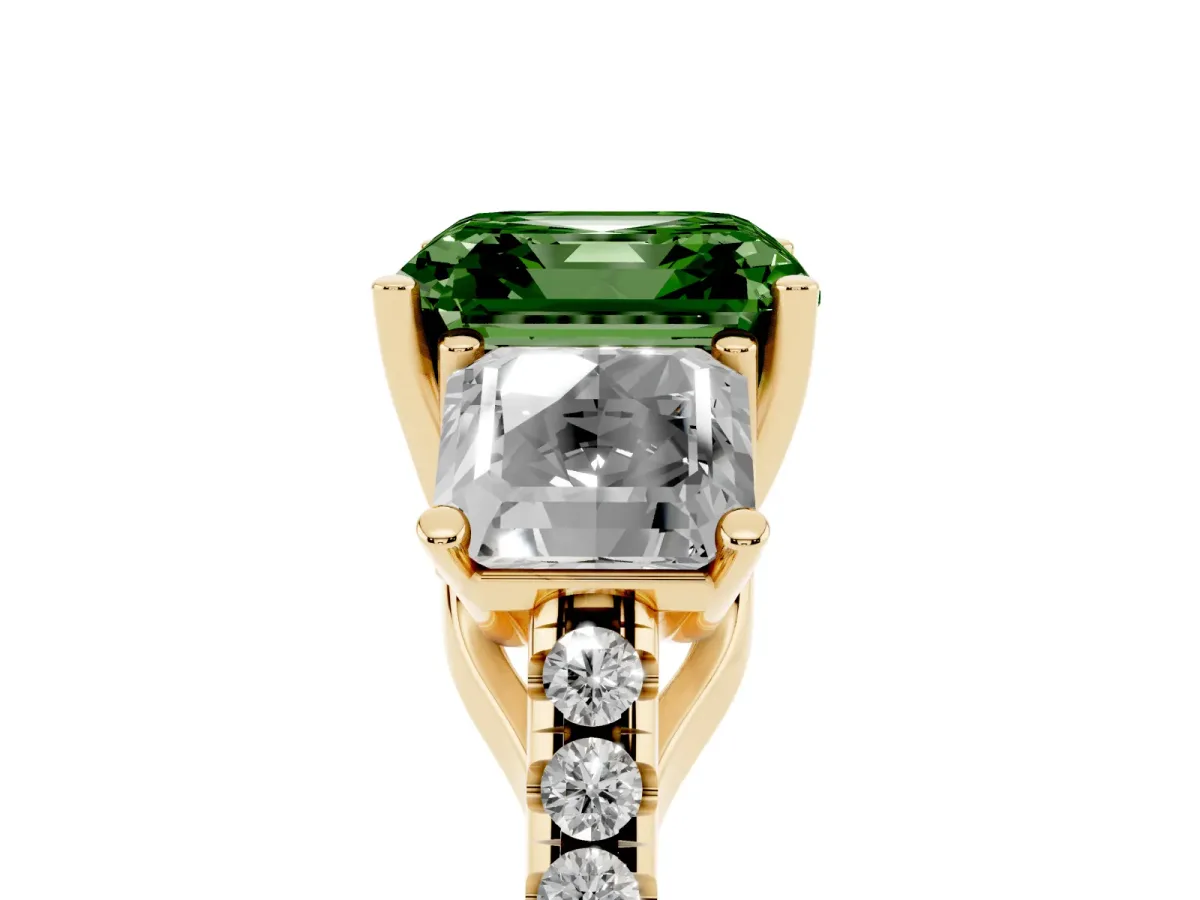 Fancy Green Three-Stone Asscher Cut Diamond Ring with Round Pavé Band and Prong Setting Yellow gold