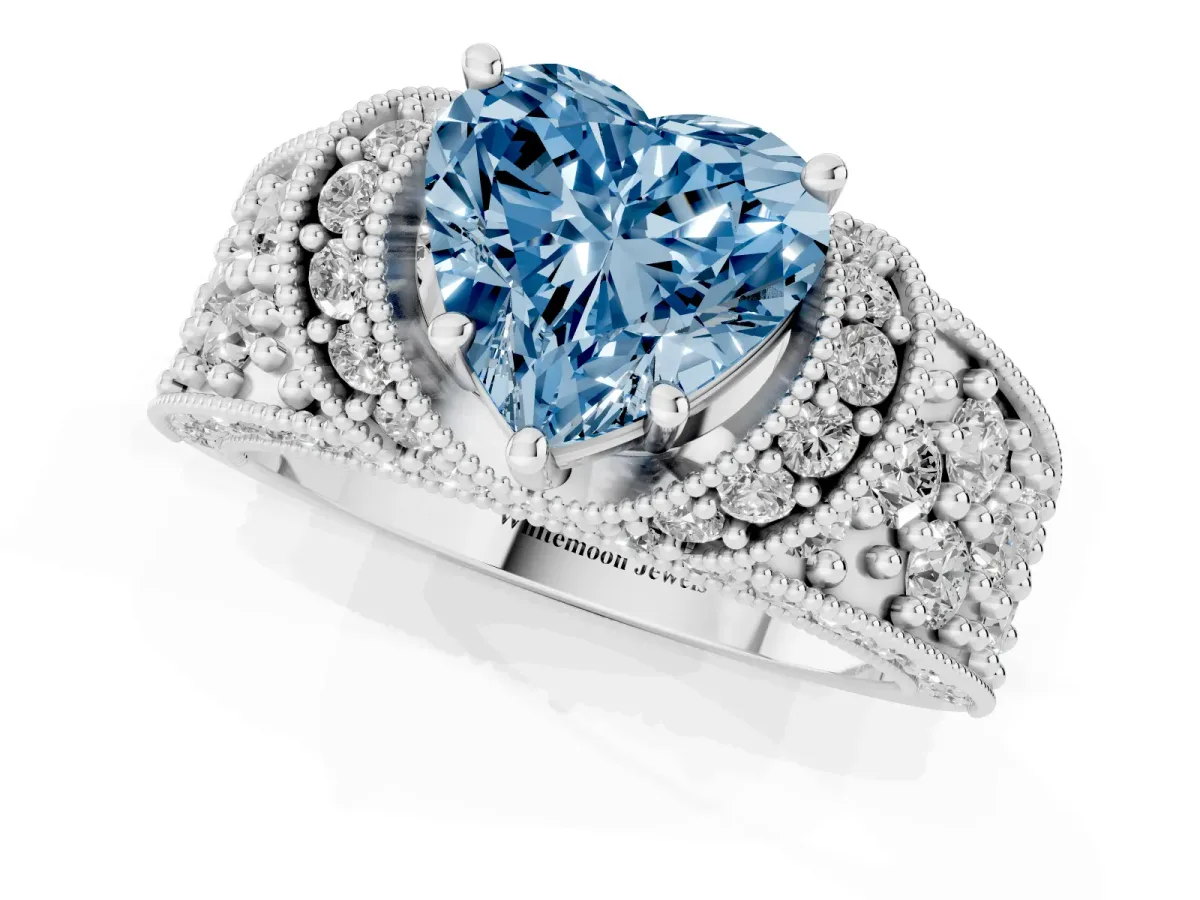 Fancy Blue Heart Cut Halo Pave Diamond Engagement Ring with Milgrain Detailing Silver