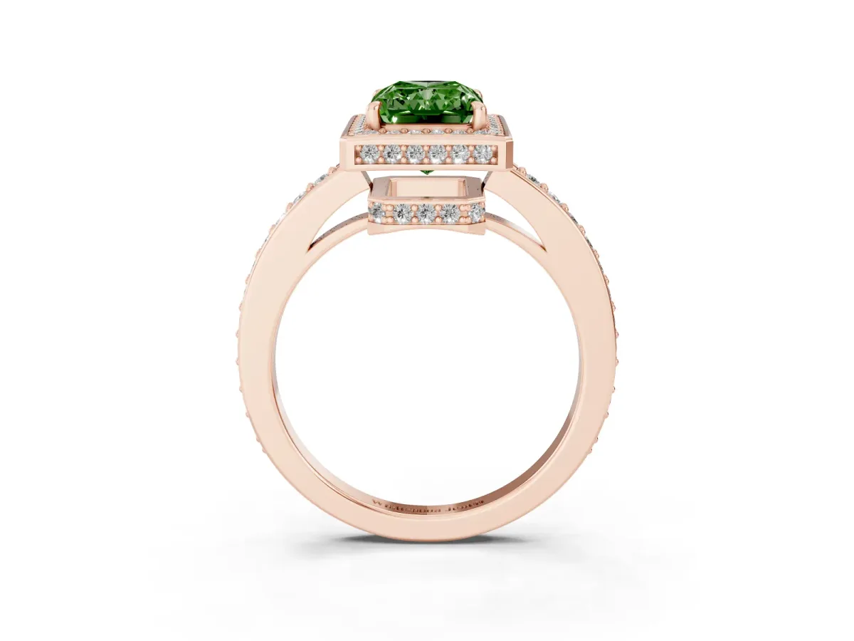 Fancy Green Radiant Cut Halo Pave Band Solitaire Ring with Prong Setting Rose gold
