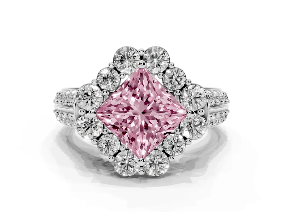 Fancy Pink Princess Cut Halo Diamond Engagement Ring with Split Shank and Prong Setting Silver