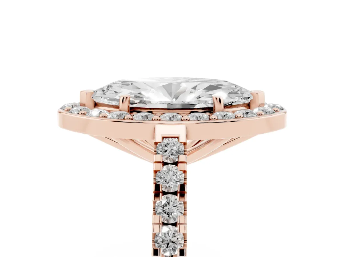 Marquise Cut Diamond Halo Ring with Round Pavé Split Shank and Prong Setting Rose gold