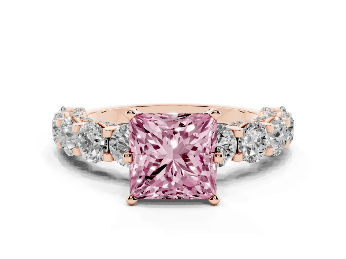 Fancy Pink Princess Cut Diamond Side Stone Engagement Ring with Four-Prong Setting Rose gold