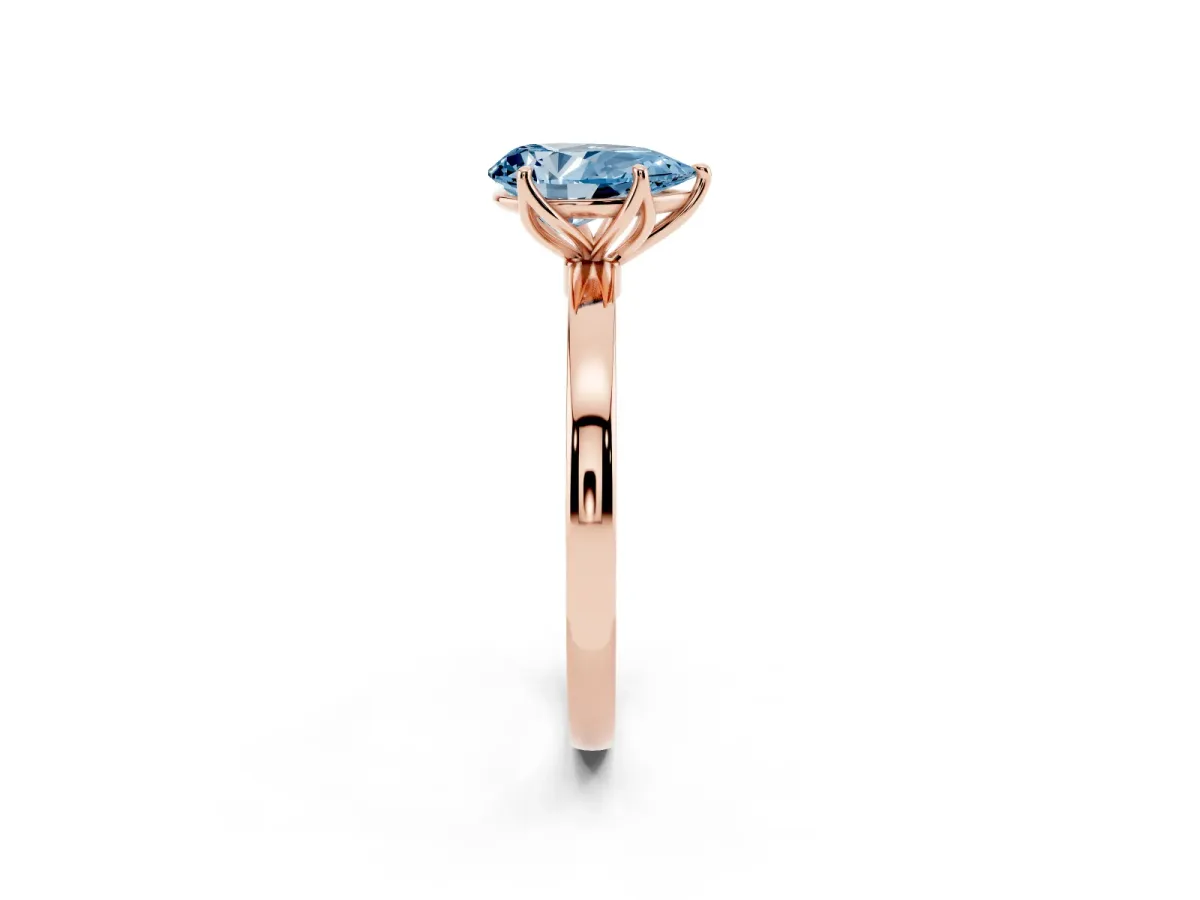 Fancy Blue Pear Cut Diamond Solitaire Ring with Thin Band and Prong Setting Rose gold