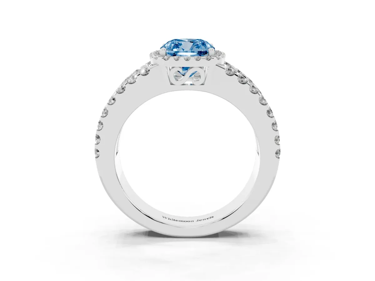 Fancy Blue Cushion Cut Cut Halo Split Shank Diamond Ring with Four-Prong Setting Platinum