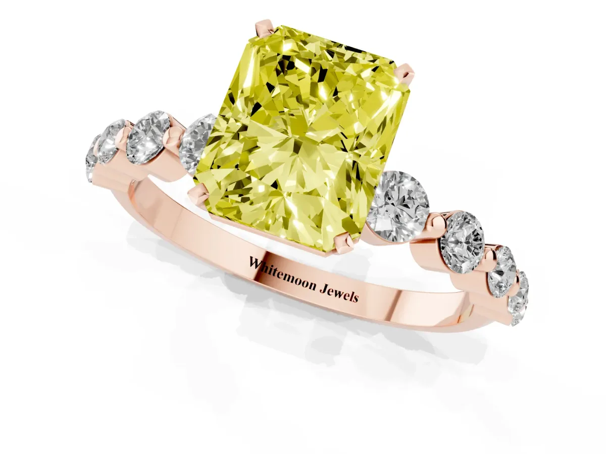 Fancy Yellow Radiant Cut Solitaire Diamond Ring with Pave Band and Four-Prong Setting Rose gold