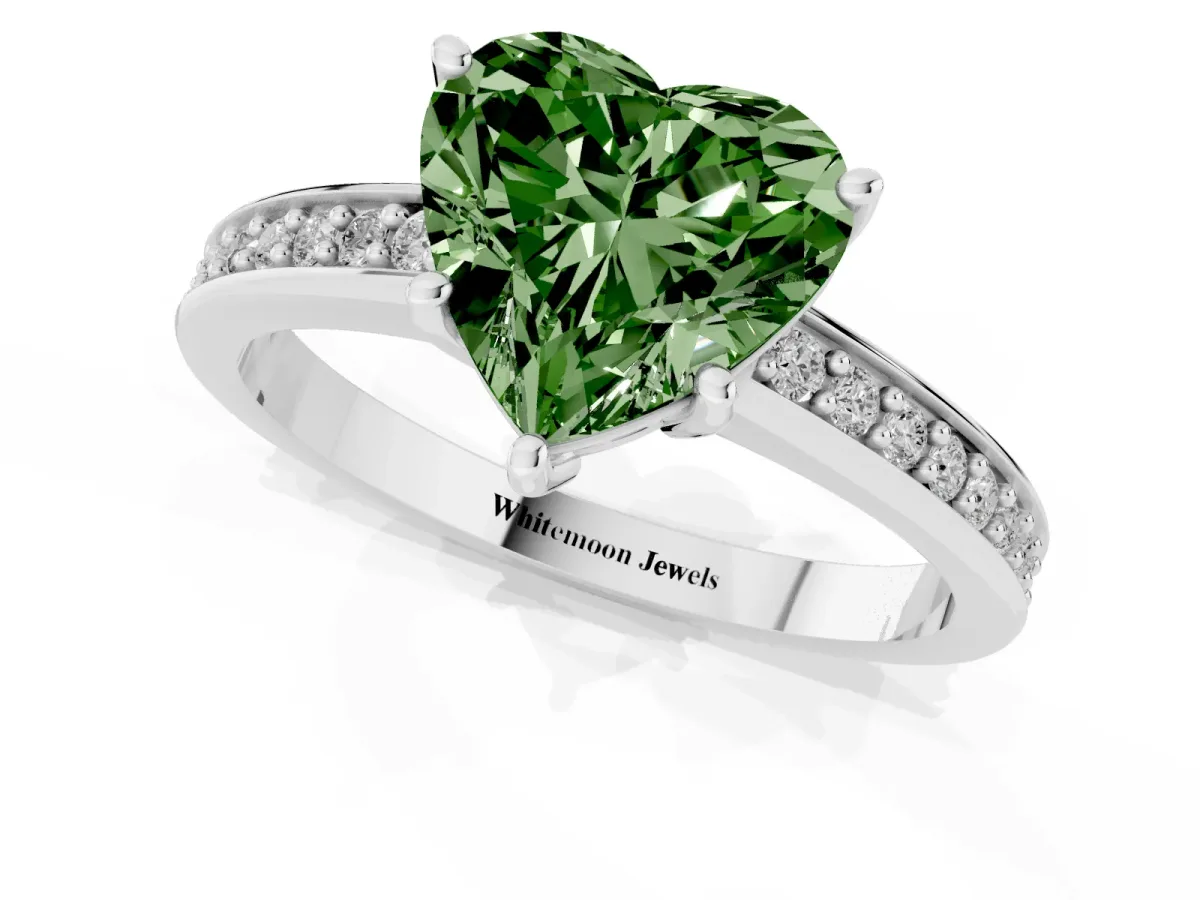 Fancy Green Heart Cut Solitaire Pavé Band Prong Setting Ring Silver