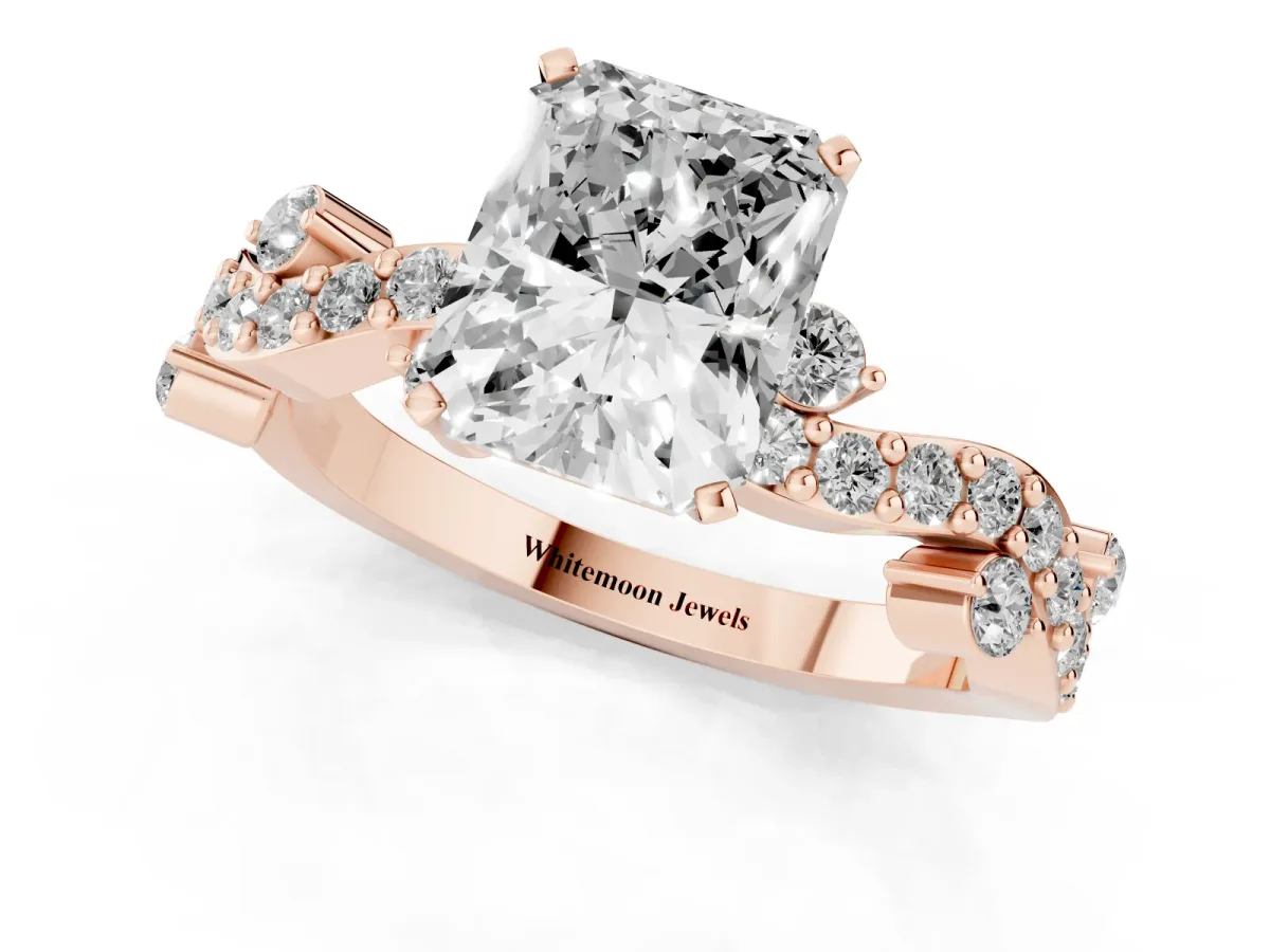 Radiant Cut Cut Solitaire Diamond Twisted Band with Pave Setting Rose gold