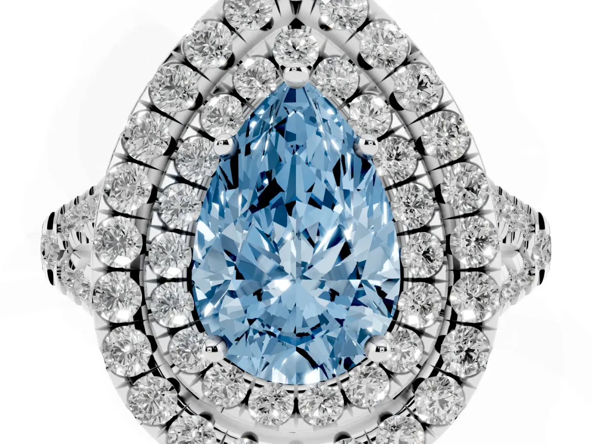 Fancy Blue Double Halo Pear Cut Diamond Pavé Split Shank Ring with Prong Setting White gold