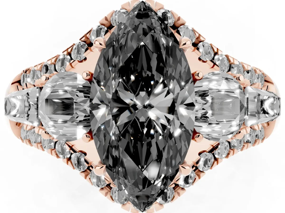 Fancy Black Three-Stone Marquise Cut Diamond Engagement Ring with Pave Band and Prong Setting Rose gold