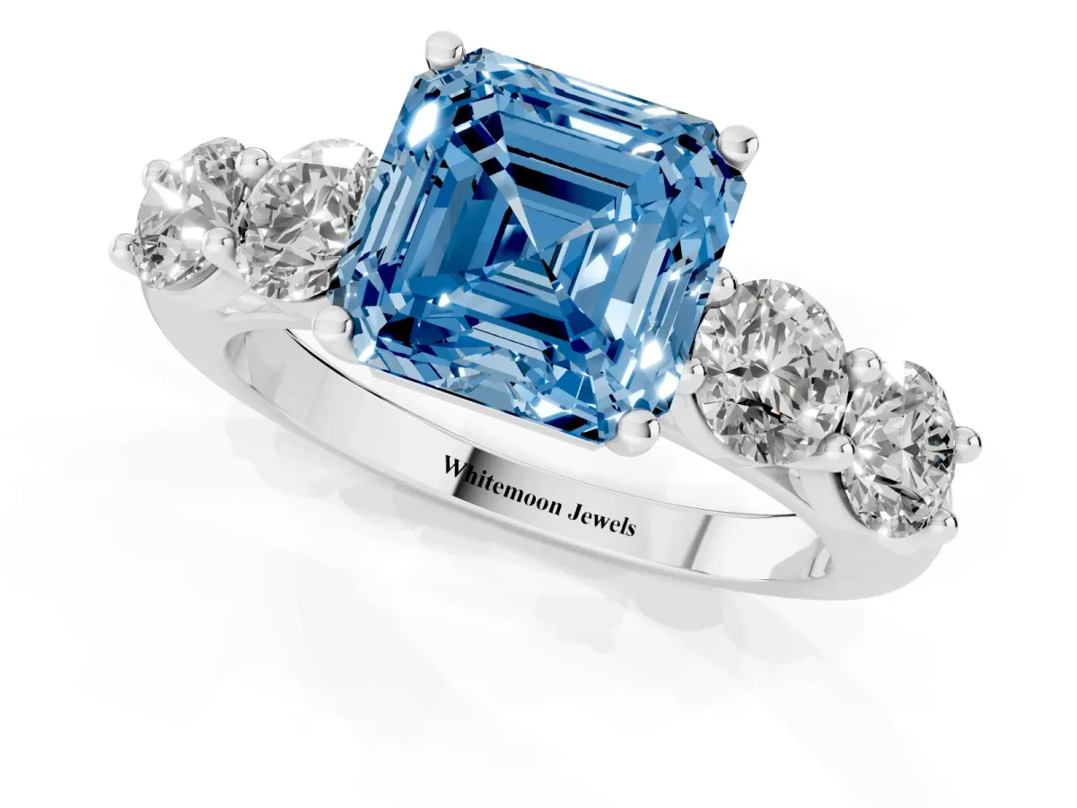 Fancy Blue Asscher Cut Cut Five-Stone Prong Set Diamond Ring with Classic Band White gold
