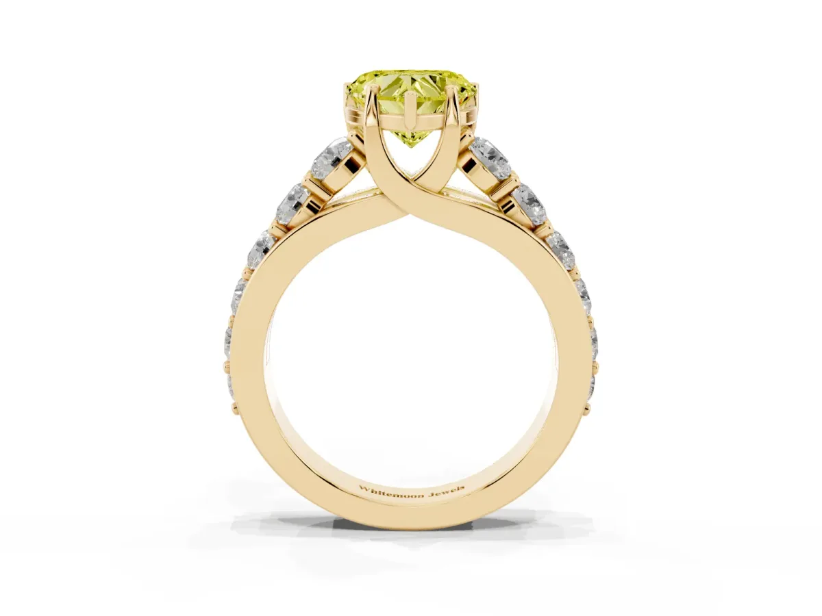Fancy Yellow Heart Cut Diamond Engagement Ring with Pavé Band and Four-Prong Setting Yellow gold