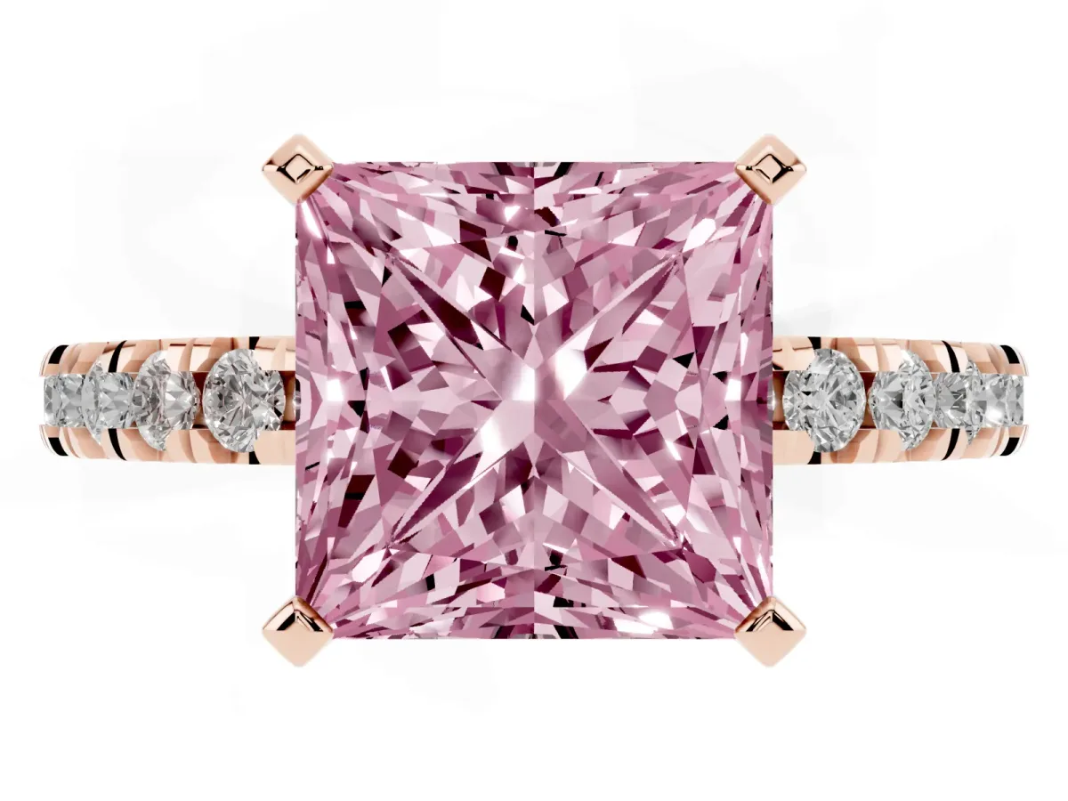 Fancy Pink Princess Cut Diamond Pavé Band Solitaire with Four-Prong Setting Rose gold