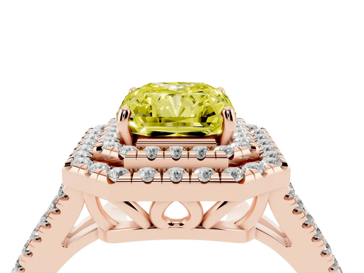 Fancy Yellow Radiant Cut Diamond Double Halo Ring with Pavé Band and Prong Setting Rose gold
