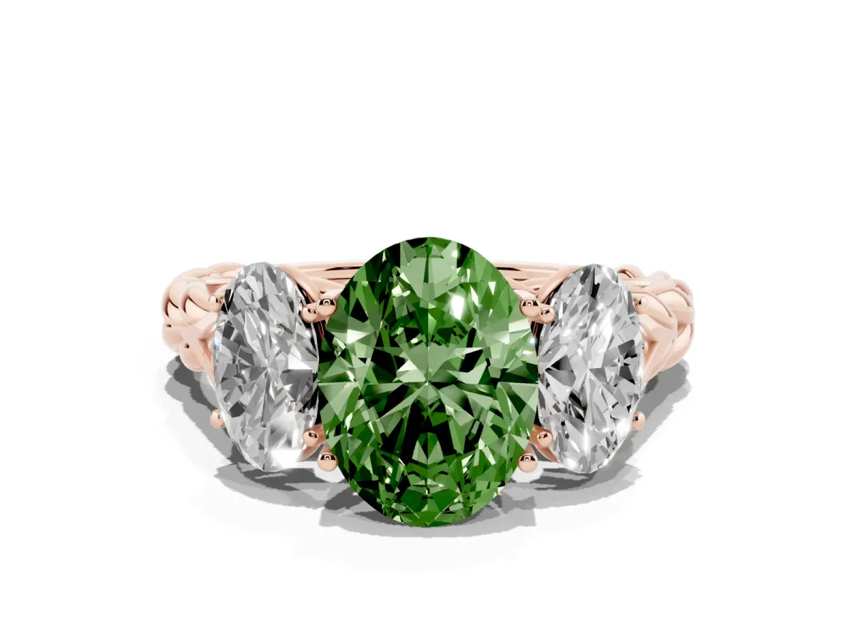 Fancy Green Three-Stone Oval Cut Diamond Braided Band Ring with Four-Prong Setting Rose gold
