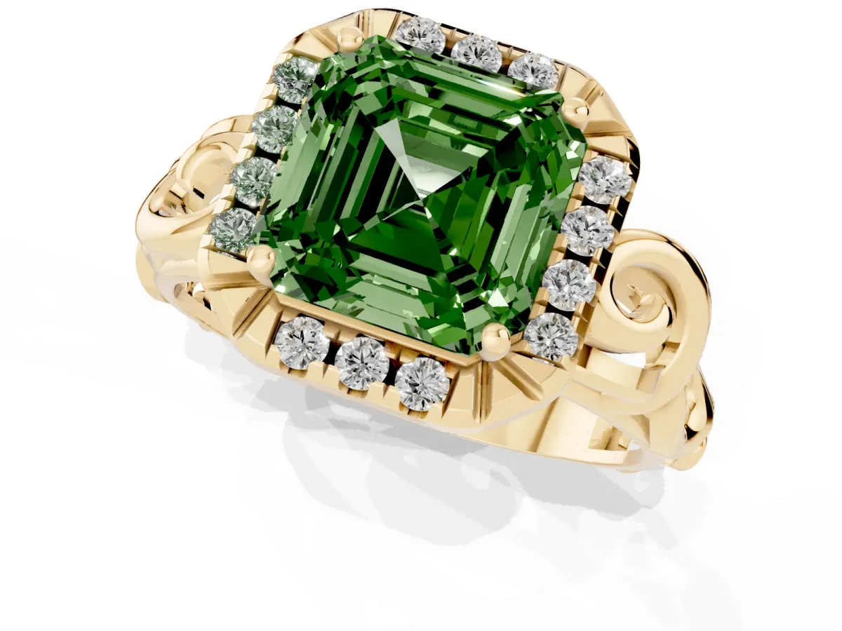Fancy Green Asscher Cut Cut Halo Diamond Ring with Scrollwork Band and Four-Prong Setting Yellow gold