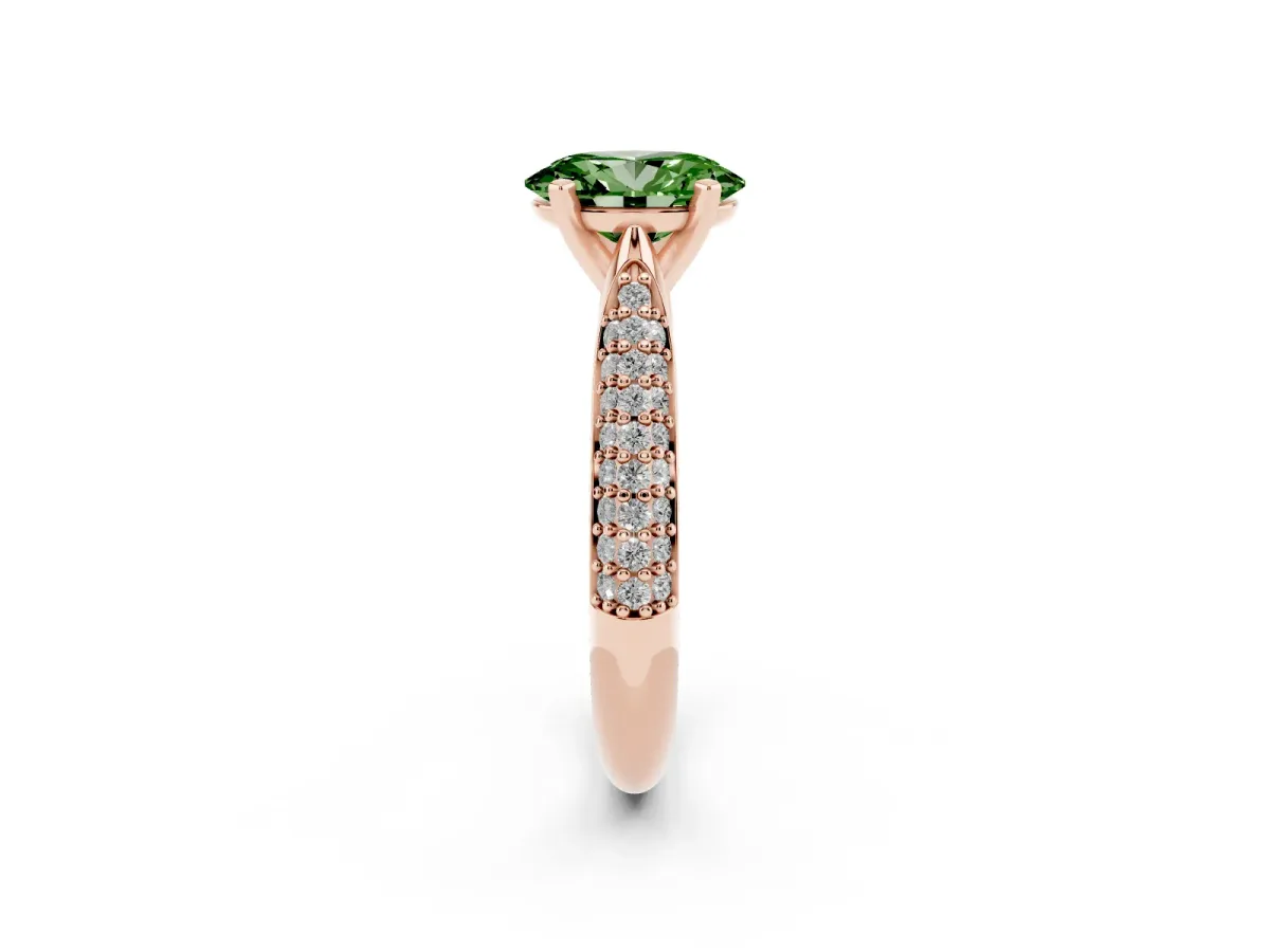 Fancy Green Oval Cut Diamond Solitaire Engagement Ring with Multi-Row Round Pavé Band and Prong Setting Rose gold