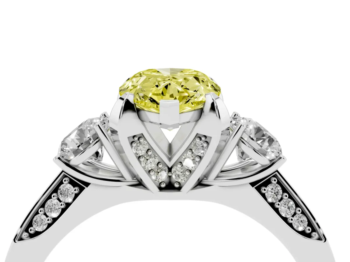 Fancy Yellow Pear Cut Brilliant Three-Stone Diamond Ring with Pavé Band and Four-Prong Setting Platinum
