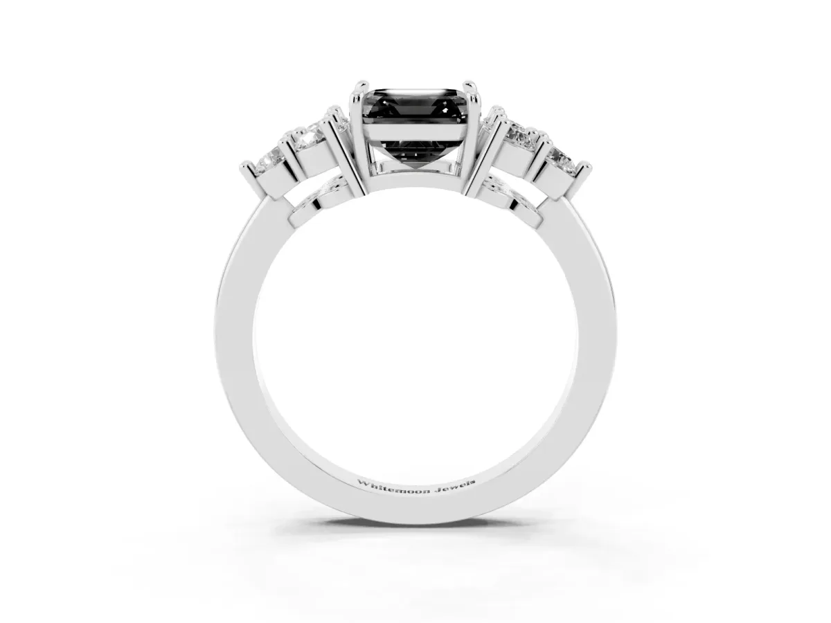 Fancy Black Asscher Cut Brilliant Diamond Cluster Accent Solitaire Ring with Prong Setting Platinum