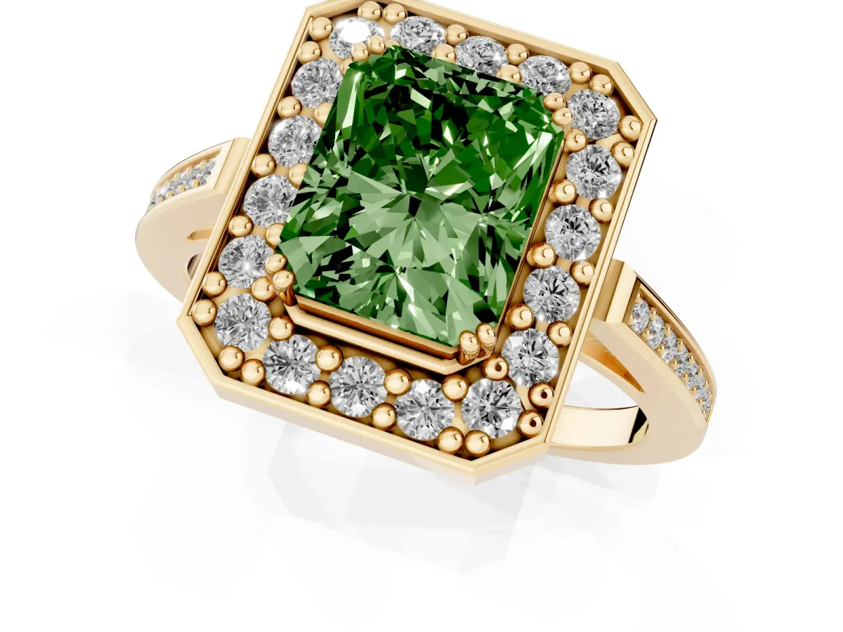 Fancy Green Radiant Cut Diamond Halo Ring with Split Shank and Four-Prong Setting Yellow gold