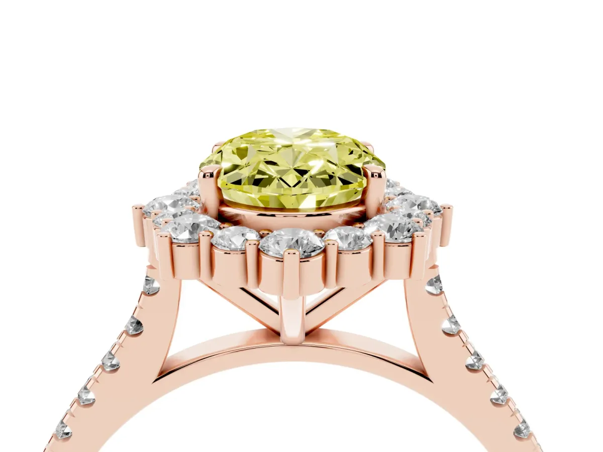 Fancy Yellow Oval Cut Halo Diamond Ring with Pavé Band and Prong Setting Rose gold