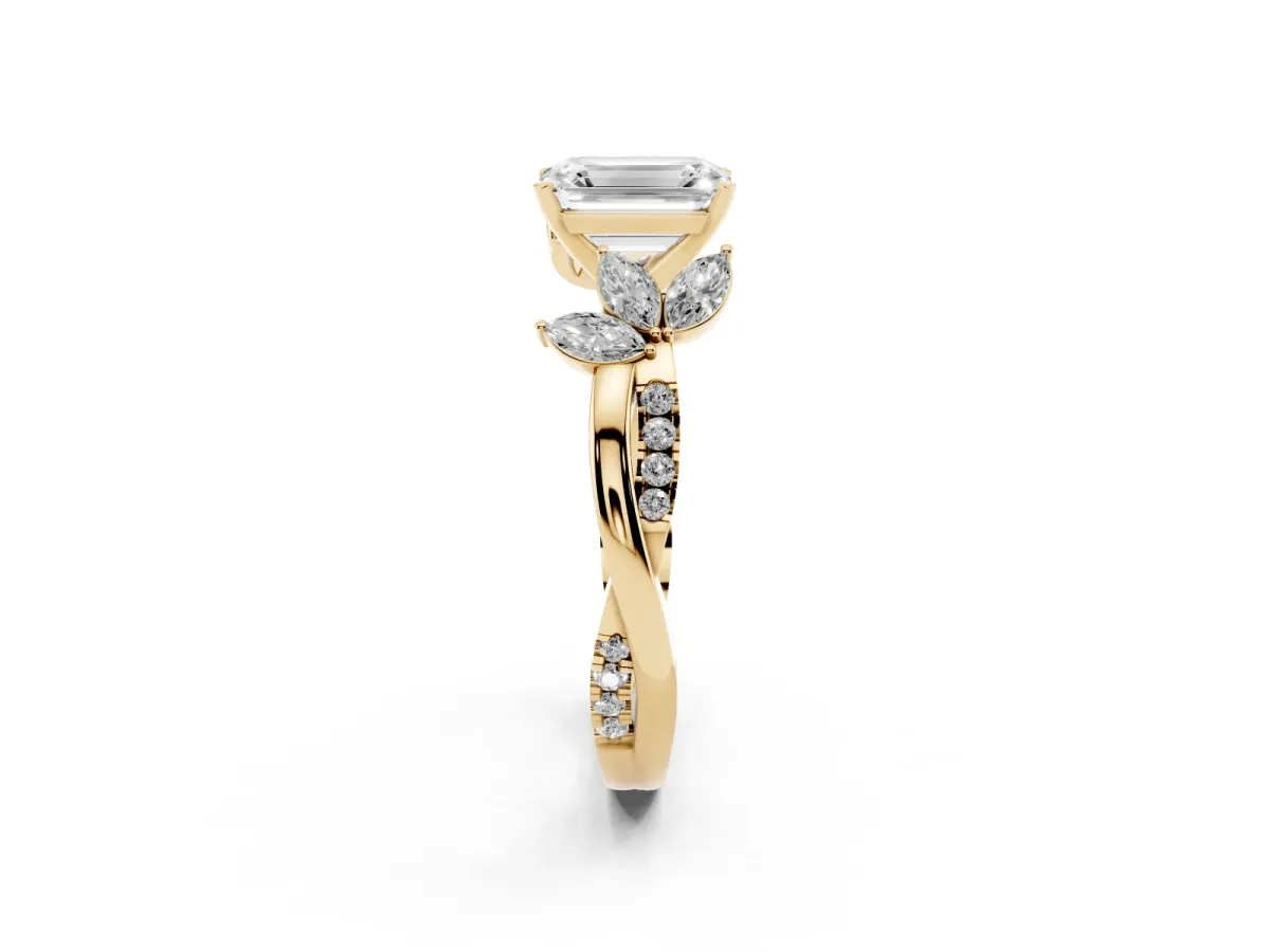 Emerald Cut Diamond Floral Vine Solitaire Engagement Ring Yellow gold