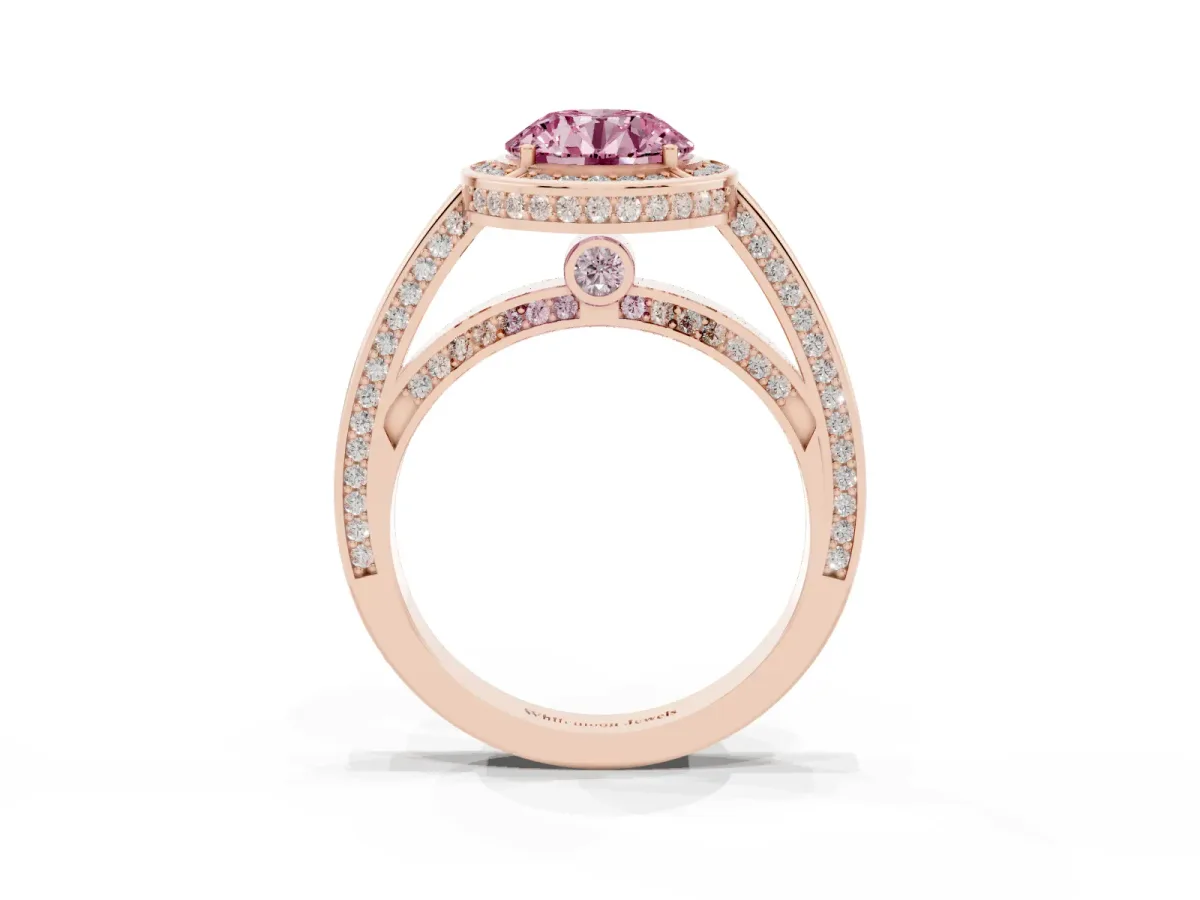 Fancy Pink Round Cut Cut Halo Pave Split Shank Prong Setting Ring Rose gold