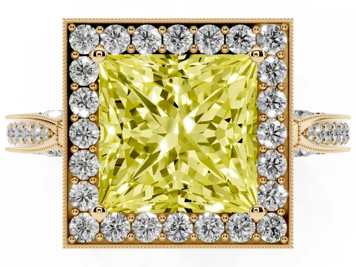 Fancy Yellow Princess Cut Halo Diamond Engagement Ring with Split Shank Band and Four-Prong Setting Yellow gold