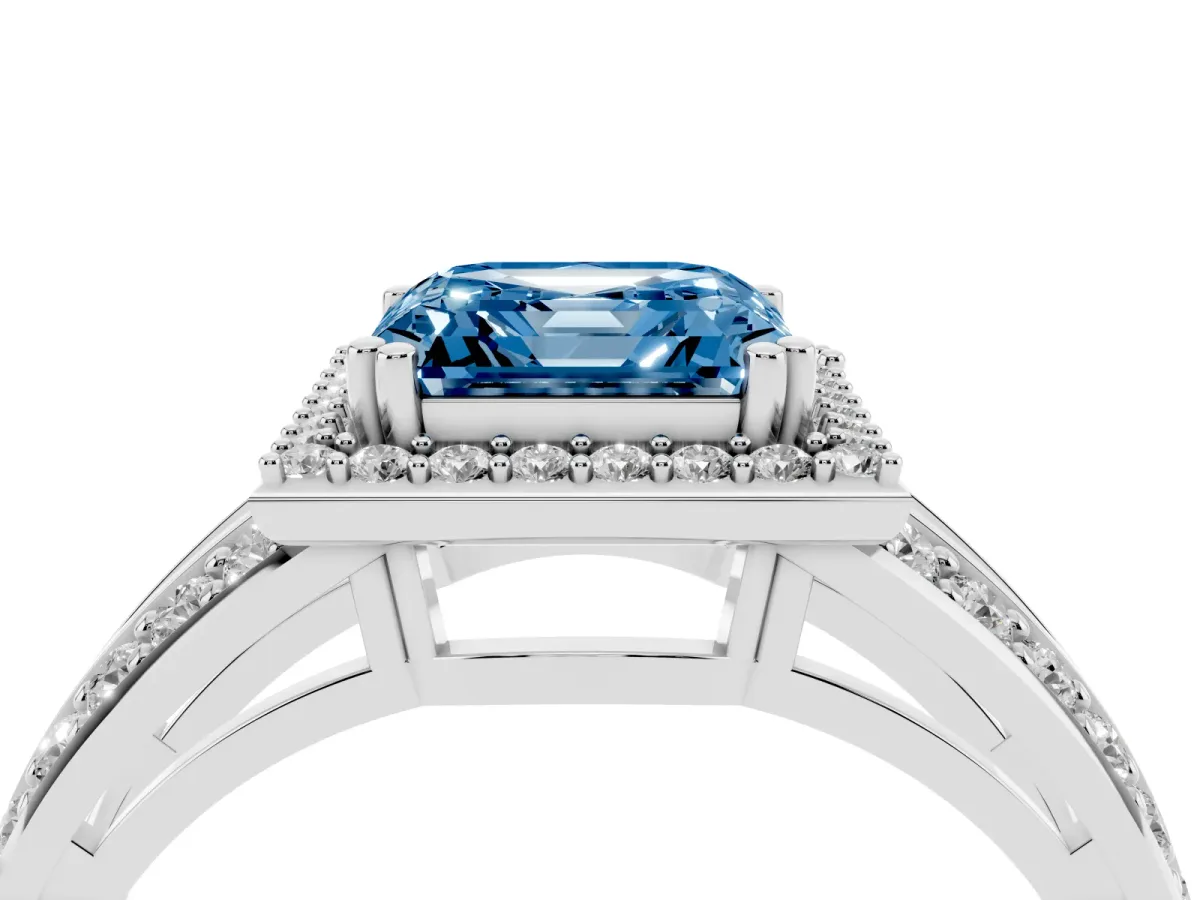 Fancy Blue Asscher Cut Diamond Halo Ring with Split Shank Pavé Band and Four-Prong Setting Silver