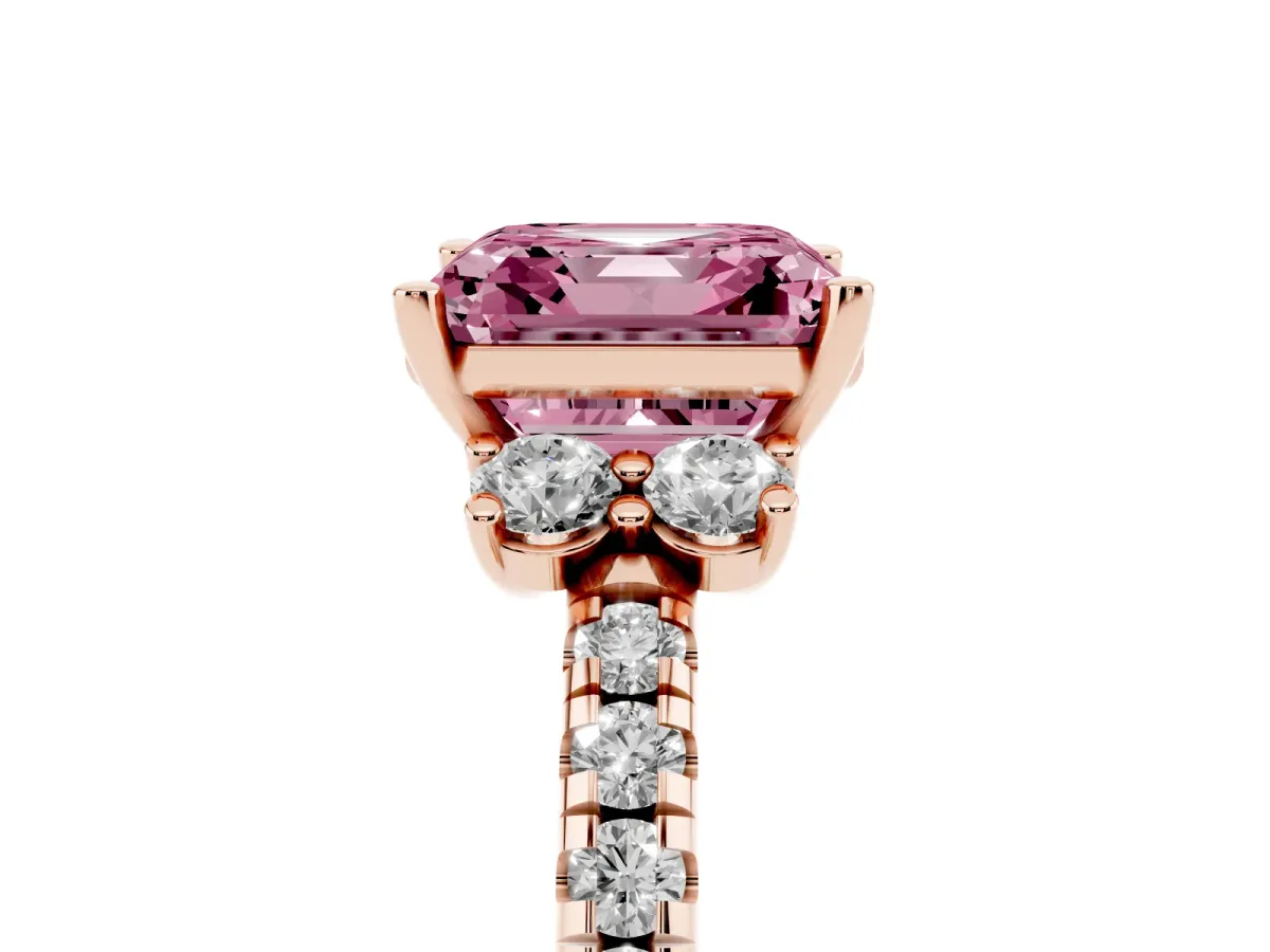 Fancy Pink Asscher Cut Diamond Three-Stone Pave Band with Four-Prong Setting Rose gold
