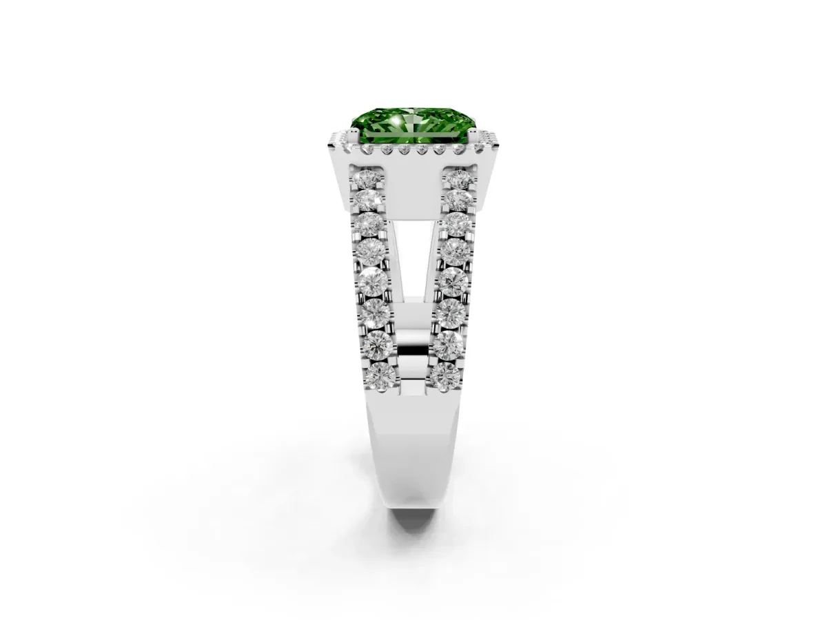 Fancy Green Radiant Cut Cut Halo Split Shank Diamond Ring with Four-Prong Setting Platinum