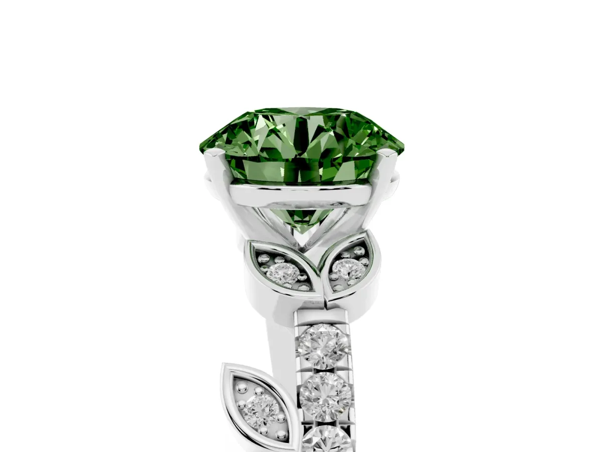 Fancy Green Round Cut Solitaire Leaf-Inspired Diamond Ring with Pavé Band and Four-Prong Setting Silver